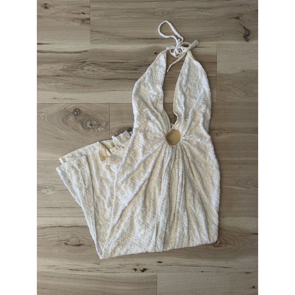Cream Low Neck Maxi Dress with Gold Button Detail, size 4